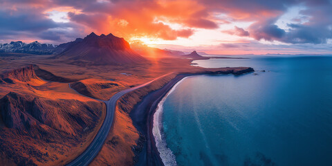 Stunning sunset over coastal landscape iceland photography natural environment aerial view scenic beauty
