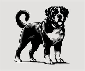 Rottweiler dog vector illustration in black and white colors.