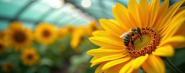 Obraz premium A single bee collects nectar from a colorful flower, Greenhouse, Sunflower