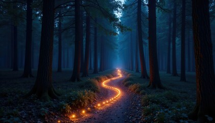 Obraz premium A serpentine light trail of stars winding through the forest canopy, twinkle, nocturnal, ambiance