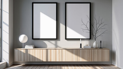 A frame mockup on an A4 sized paper, displayed as a living room wall poster in a stylish, modern interior
