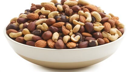A bowl of mixed nuts with a few scattered across the surface