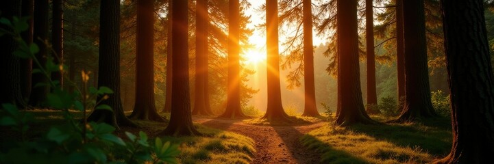Coniferous trees stretching towards warm sunlight filtering through, sunlight filter, coniferous, nature