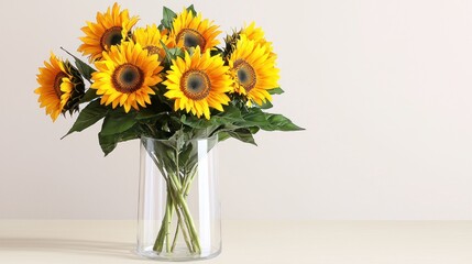 Obraz premium Bright Yellow Sunflower Bouquet in Clear Glass Vase