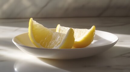 A single lemon sliced into wedges on white porcelain
