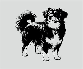 black and white drawing of a dog on a gray background, vector illustration
