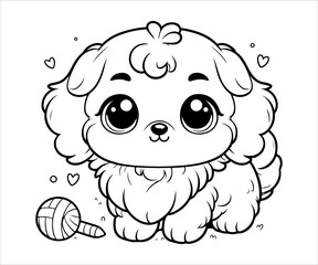 Cute dog with ball of yarn. Coloring book for children.