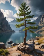 Pine tree by the lake in the mountains with a dramatic sky and rugged terrain stretching out as far as the eye can see, expansive, sky, landscape