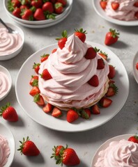 Plates piled high with strawberry whipped cream and fresh strawberries , treats, plates, desserts