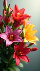 Naklejka premium Large multicolored alstroemeria bouquet with stems and foliage, landscape, petals, bouquet