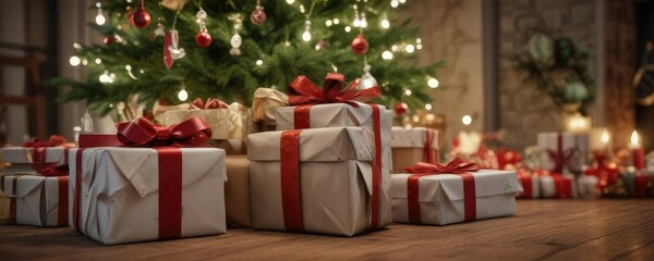 Presents under the christmas tree wrapped in paper and bows, presents, festive colors, christmas tree