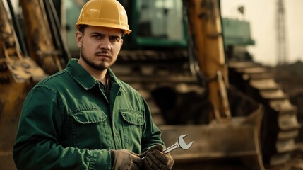 A heavy equipment mechanic in a green overall and hard hat, holding a wrench and looking confidently at the camera, with a background of a bulldozer and repair tools