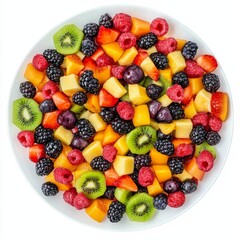 Obraz premium A platter of colorful fruit salad with assorted berries and kiwi, isolated white background, abstract art style