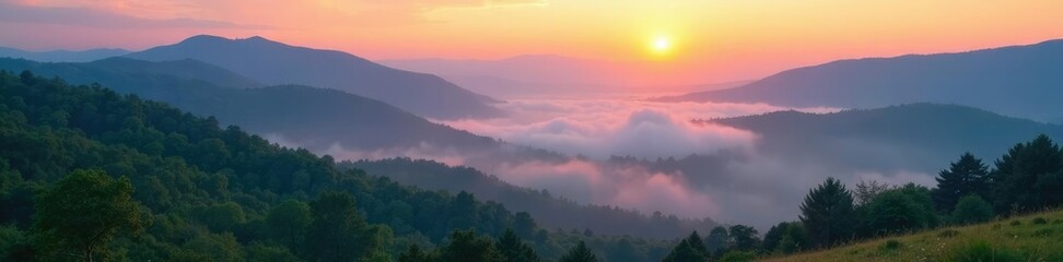 Obraz premium Misty dawn landscape with rolling hills and foggy valleys, morning, serene