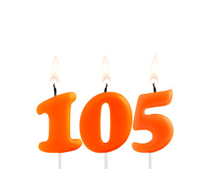 Orange birthday candle on white background - Number 105