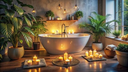 Relaxing Bathroom Spa: Candlelit Bath, Essential Oils, Tub Photography