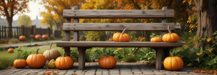 Rustic wooden bench and pumpkins in an autumn garden, woodsy, natural, harvest time