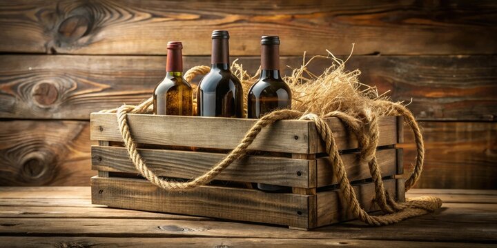 Rustic wooden wine crate with a natural finish and earthy tones, adorned with twine and burlap, crate, storage, barrels