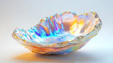 Iridescent, shell-like abstract form with textured surface and vibrant color shifts.