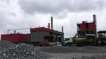Sand plant conveyor belt transporting materials under a moody sky, machinery, mining