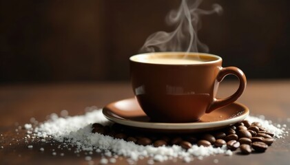 Obraz premium Steaming cup on beans with sugar and milk background, warm, coffee