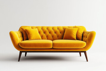 Yellow velvet sofa with wooden frame and buttoned back.