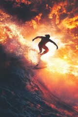 Naklejka premium Surfer sunset ocean wave silhouette action