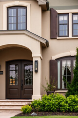 Obraz premium Elegant Home Exterior: Modern Architectural Design, Beige Facade, Brown Doors and Shutters, Landscaping