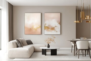 Two artworks are displayed on a beige wall in the living room, with a dining table visible in the background.