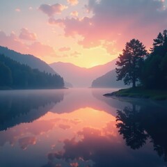 Obraz premium A delicate veil of smoke shrouds a serene lake at dusk, peaceful atmosphere, wispy clouds