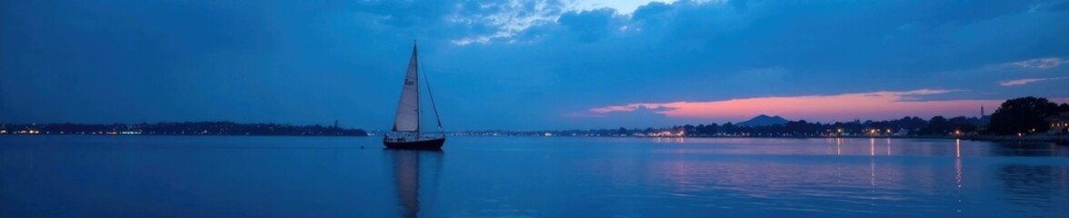 A lone sailboat glides across the calm waters of Cesenatico at blue hour, blue hour, boat