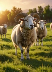 Fototapeta premium Sheep with four horns grazing in a green meadow at sunset, grassy meadow, countryside scene, four horns sheep