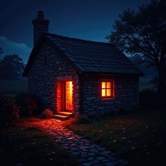 A red glow emanates from the window of an ancient stone cottage, warm, night, light