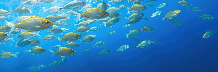 Naklejka premium Shoal of translucent blue fish swimming gracefully over a vibrant blue ocean background, ocean, shoal