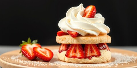 Shortcake with sliced strawberries and whipped cream, fresh berries, food tower