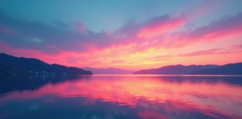 Colorful abstract gradient over a tranquil lake at dawn, gradient, serene