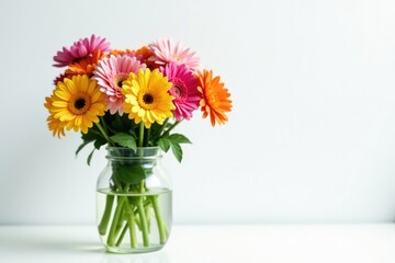 Fototapeta premium Colorful flowers in a glass jar on a white background, arrangement, , jar