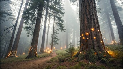 Obraz premium Dreamy scene of a misty forest with towering trees and twinkling lights, lights, tree, forest, atmosphere
