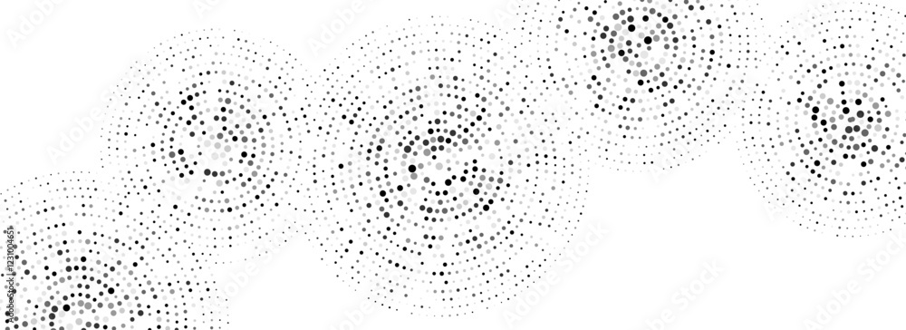 Poster black concentric dotted circles pattern. rippled sound wave rings background. radial halftone abstra