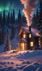 Fototapeta premium Snow-covered cabin with smoke rising from chimney amidst winter forest, aurora borealis displays above, aurora, northern lights