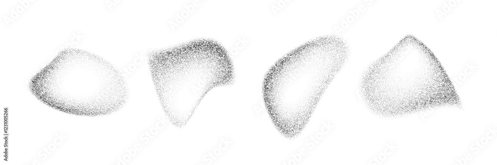 Aufkleber Fading dotted gradient drop shapes. Black stippled liquid object set. Grainy spray spots and stains. Noise splashes and splatters forms. Dissolve sand dust texture. Vector fluid halftone elements