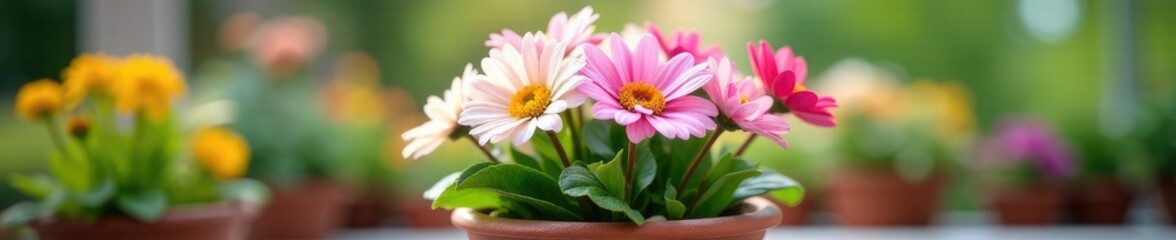 Obraz premium Floral arrangement with pastel colors in a small pot, floral, garden, flower pot