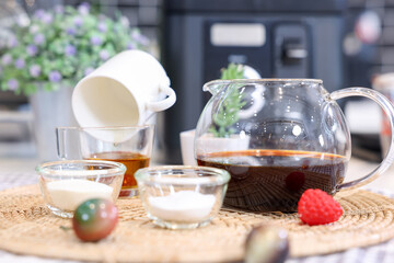 Cake Ingredients Glass jars of oatmeal and yellow honey,Dripping honey,Tea