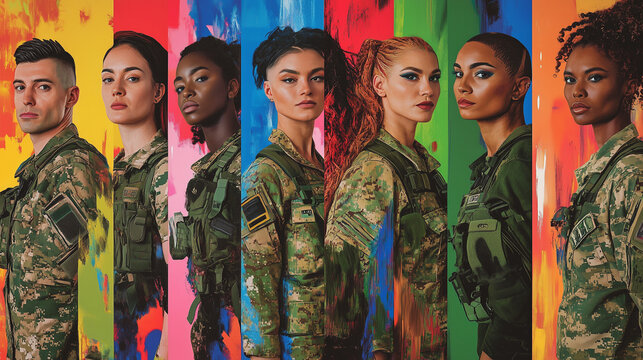 Women and a man in camouflage clothing on colorful backgrounds