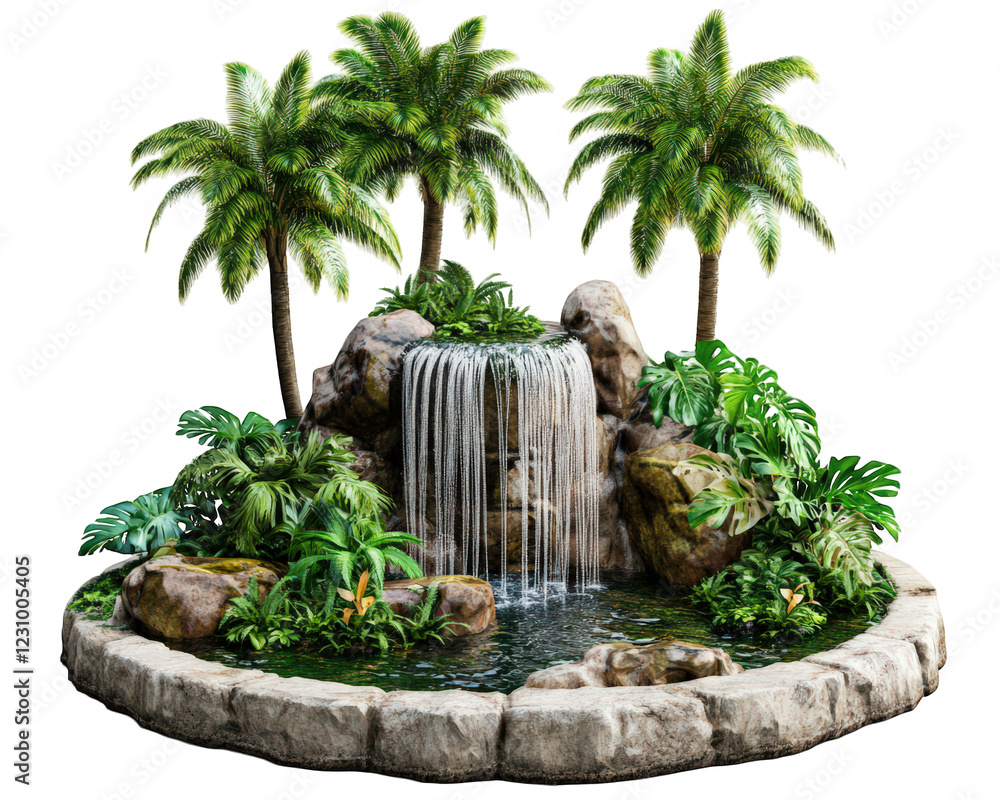Poster tropical fountain surrounded by lush greenery and palm trees, creating serene and tranquil atmospher
