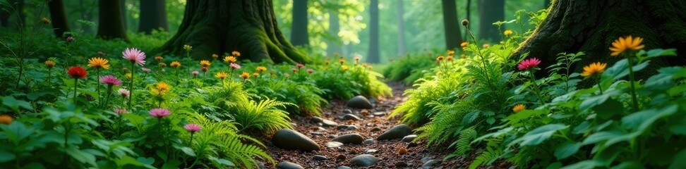 Obraz premium Forest floor covered in ferns and wildflowers, ferns, rocks, trees