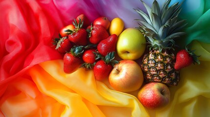 Colorful Fruit Arrangement on Rainbow Fabric Background Still Life