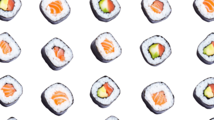 Seamless pattern of fresh sushi rolls with salmon and avocado on transparent background