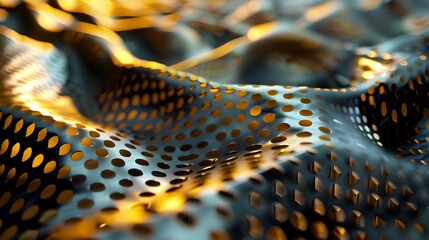 Abstract metallic surface with perforated patterns and warm lighting effects.
