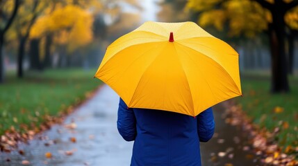 Walking through a foggy forest with a red umbrella on an autumn day